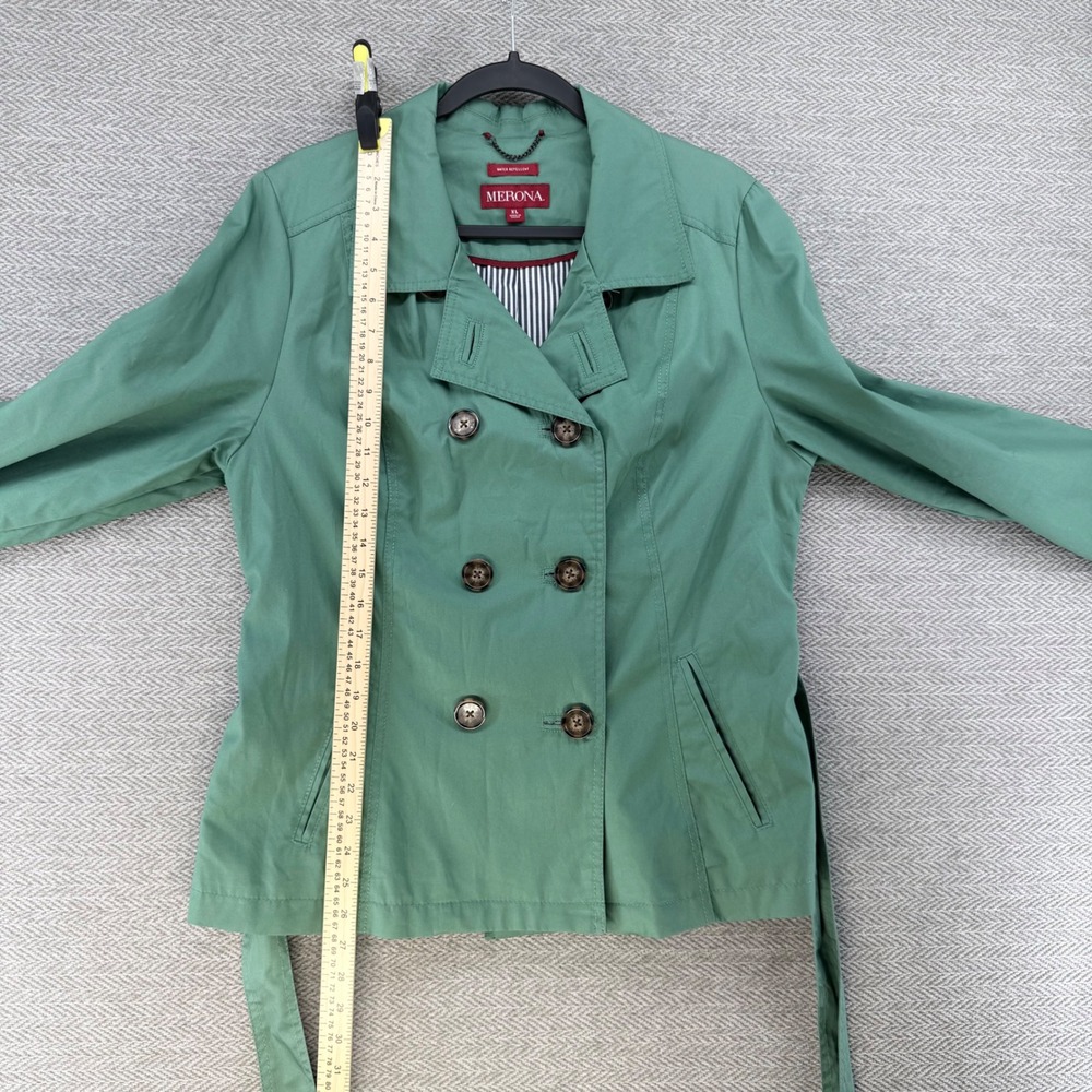 Merona Trench Coat XL Green Water Repellent Belted Double Breasted Rain Jacket - Picture 12 of 12